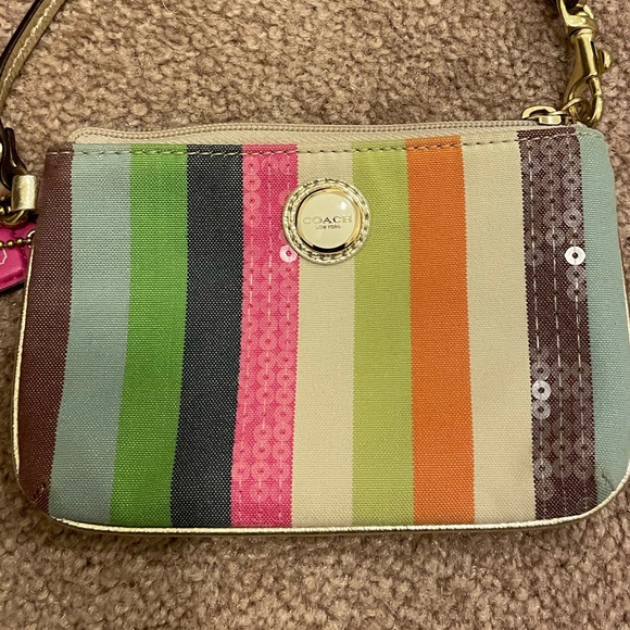 Coach wristlet coin purse rainbow with Coach dangle and gold strap - Picture 2 of 10